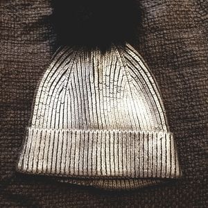 Steve Madden Silver Metallic Beanie Pom Pom hat